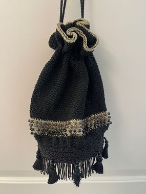 Boho Macramé Black Beaded Fringe Drawstring Satchel / resin bottom